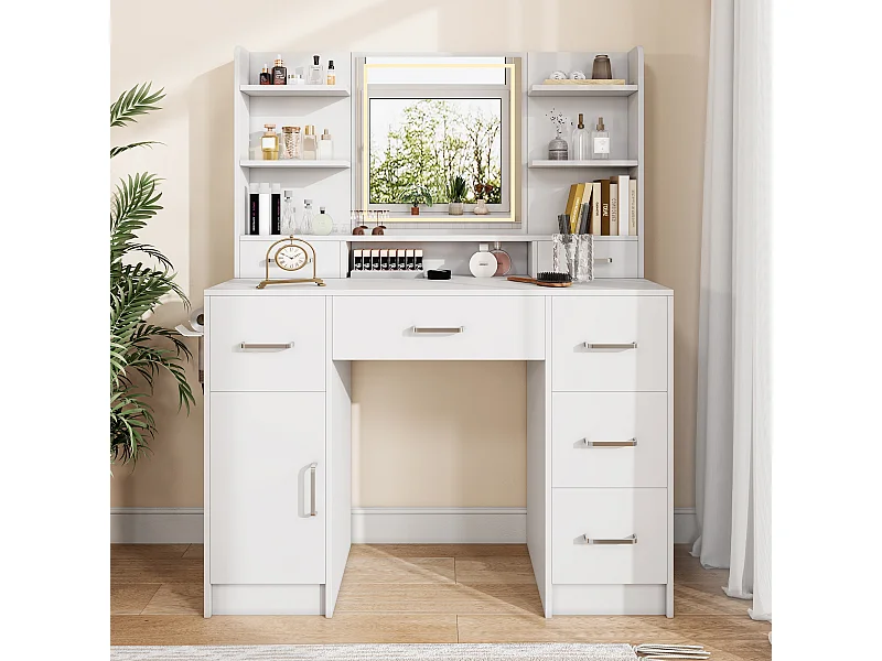 Coiffeuse avec Miroir, Luminosité Réglable, Bureau Coiffeuse avec 7 Tiroirs, Chargement USB, Support pour sèche-cheveux, MDF, Blanc