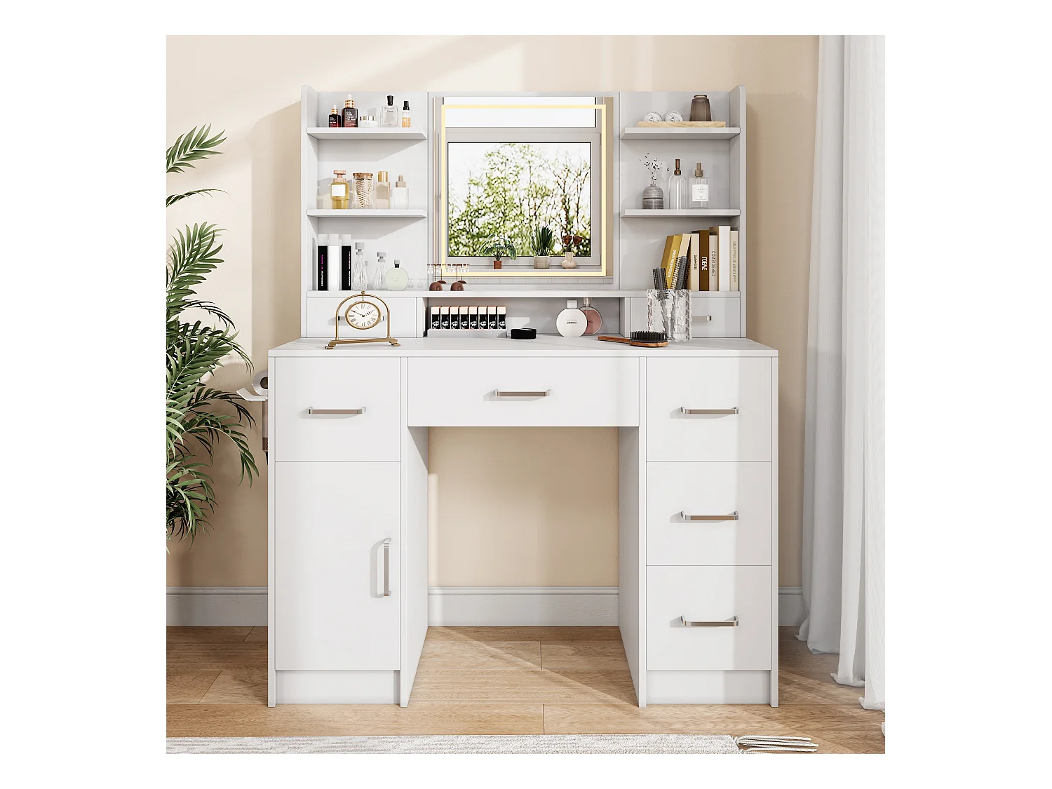 Coiffeuse avec Miroir, Luminosité Réglable, Bureau Coiffeuse avec 7 Tiroirs, Chargement USB, Support pour sèche-cheveux, MDF, Blanc