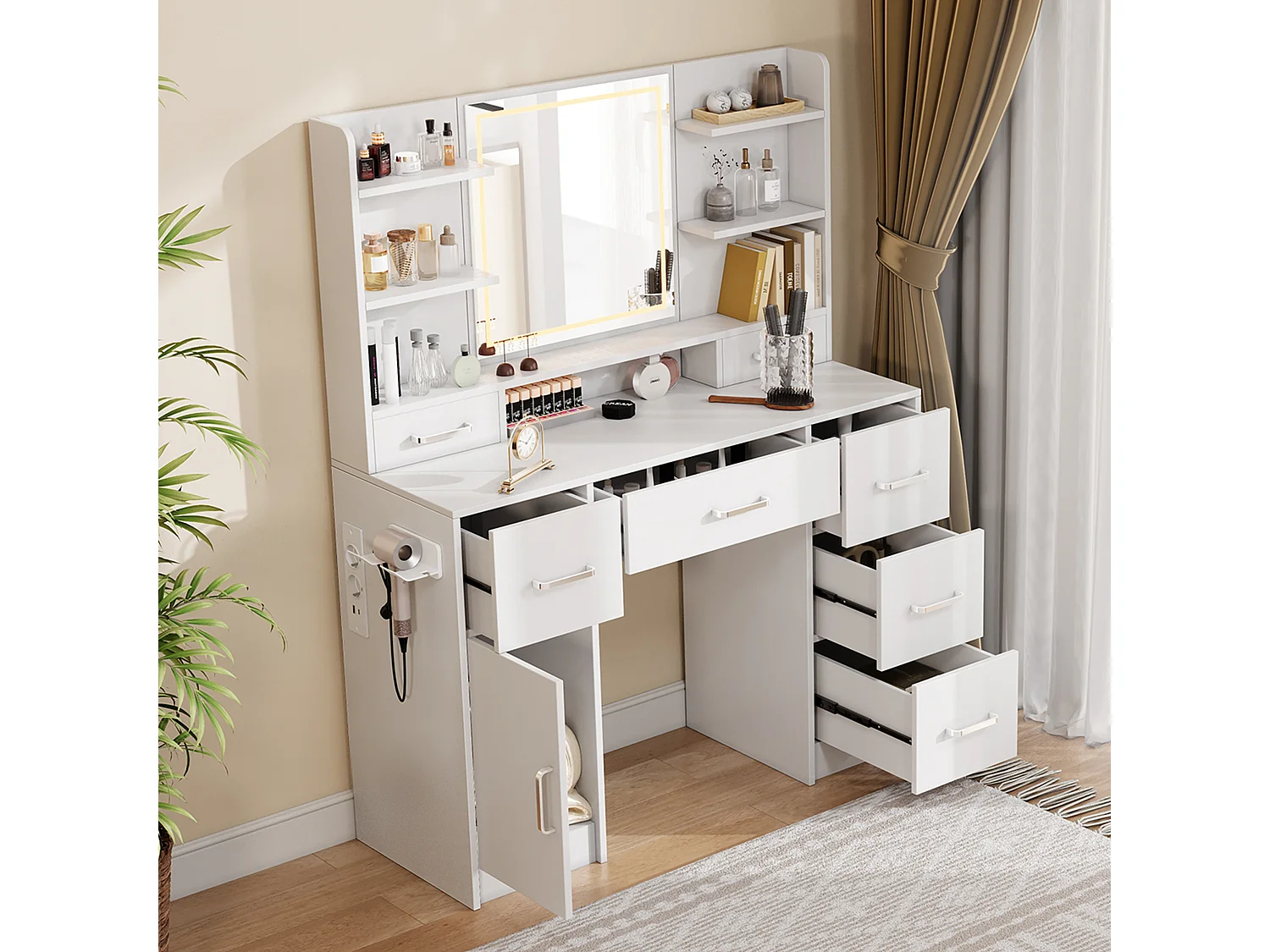 Coiffeuse avec Miroir, Luminosité Réglable, Bureau Coiffeuse avec 7 Tiroirs, Chargement USB, Support pour sèche-cheveux, MDF, Blanc