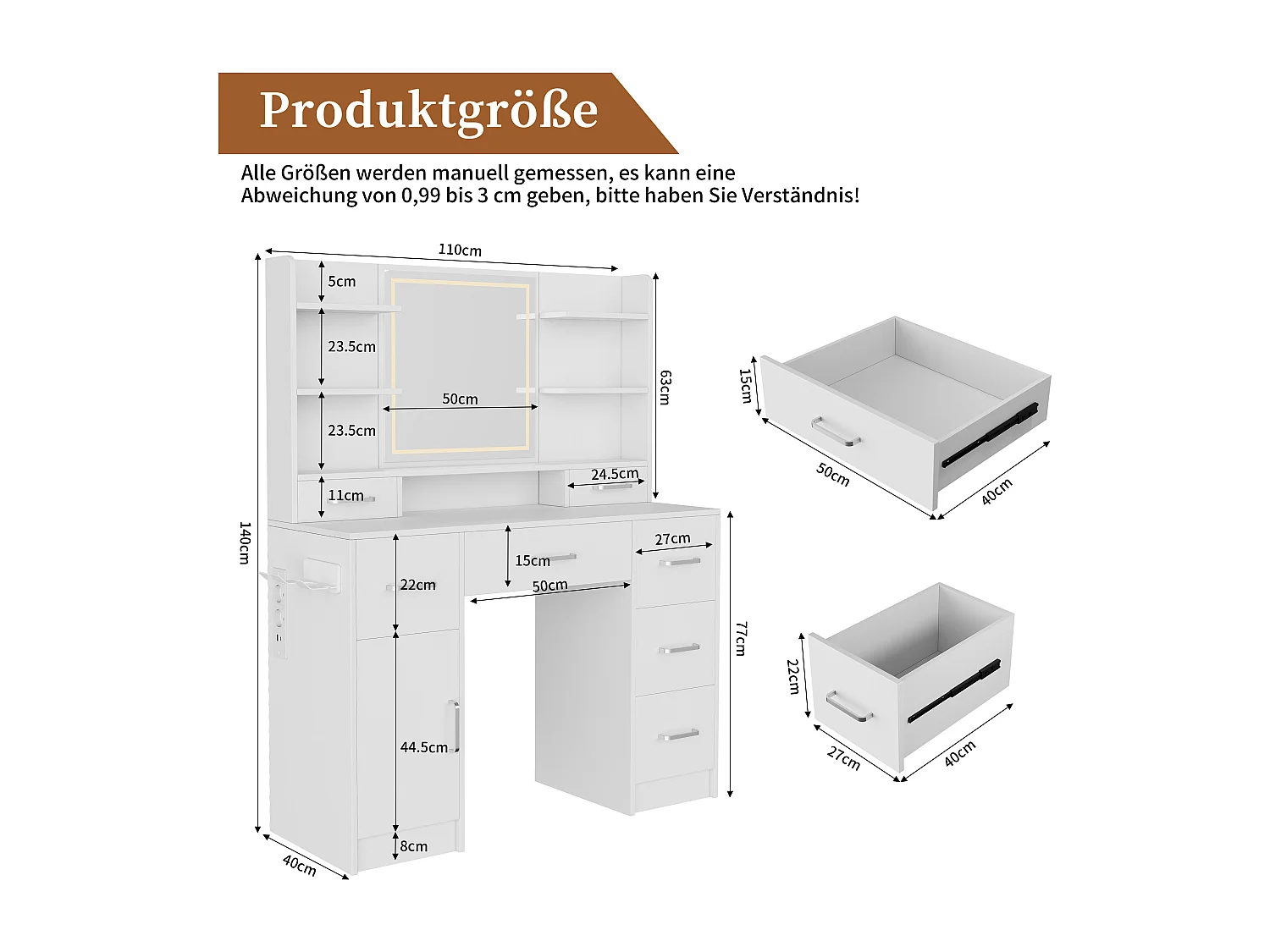 Coiffeuse avec Miroir, Luminosité Réglable, Bureau Coiffeuse avec 7 Tiroirs, Chargement USB, Support pour sèche-cheveux, MDF, Blanc