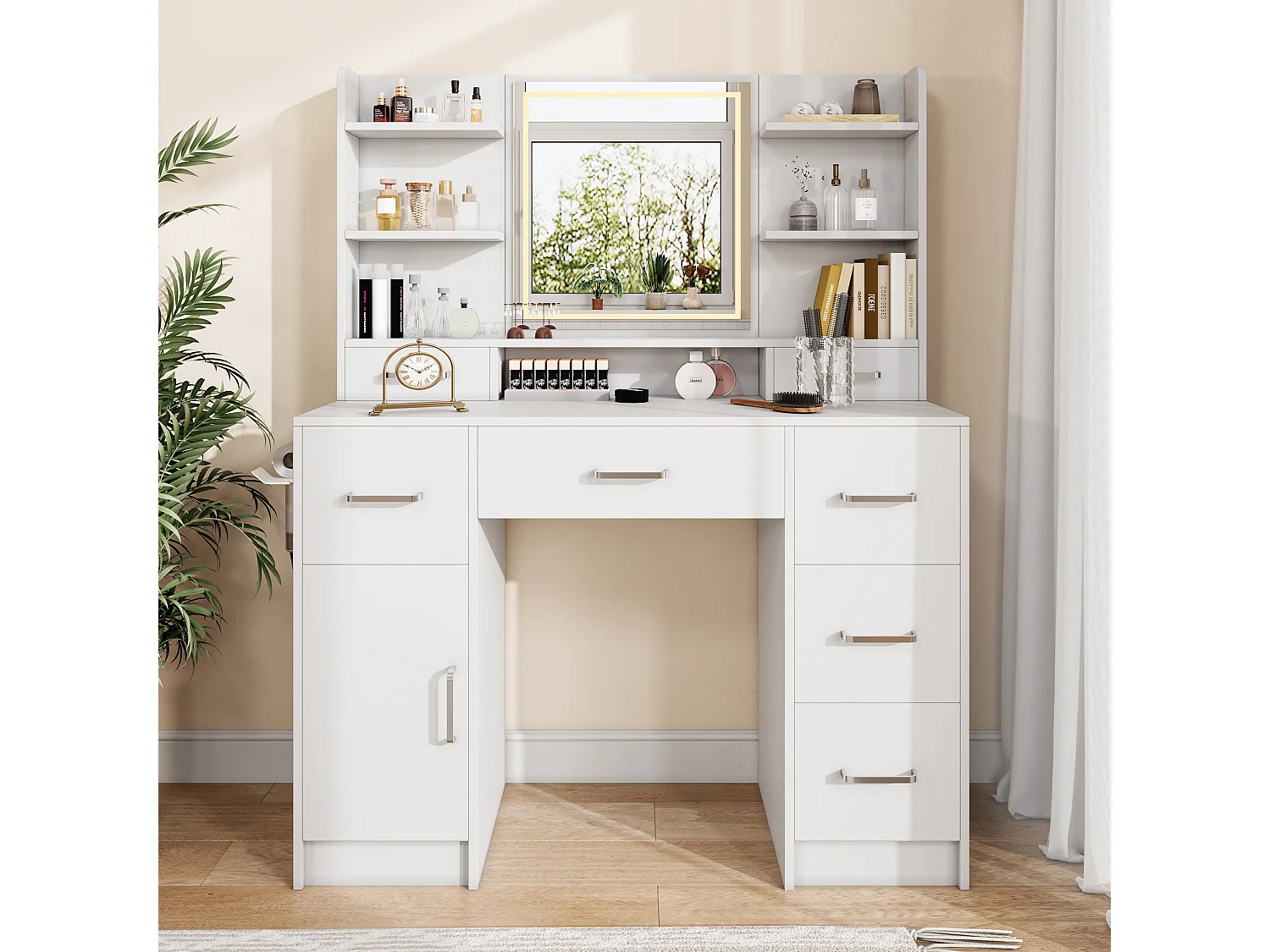 Coiffeuse avec Miroir, Luminosité Réglable, Bureau Coiffeuse avec 7 Tiroirs, Chargement USB, Support pour sèche-cheveux, MDF, Blanc