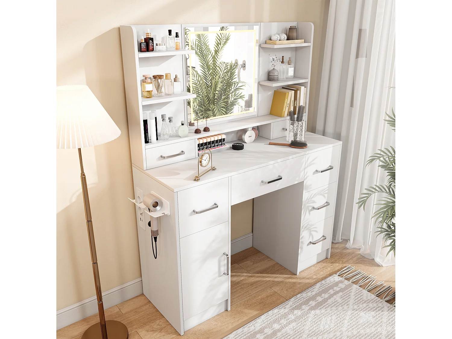 Coiffeuse avec Miroir, Luminosité Réglable, Bureau Coiffeuse avec 7 Tiroirs, Chargement USB, Support pour sèche-cheveux, MDF, Blanc
