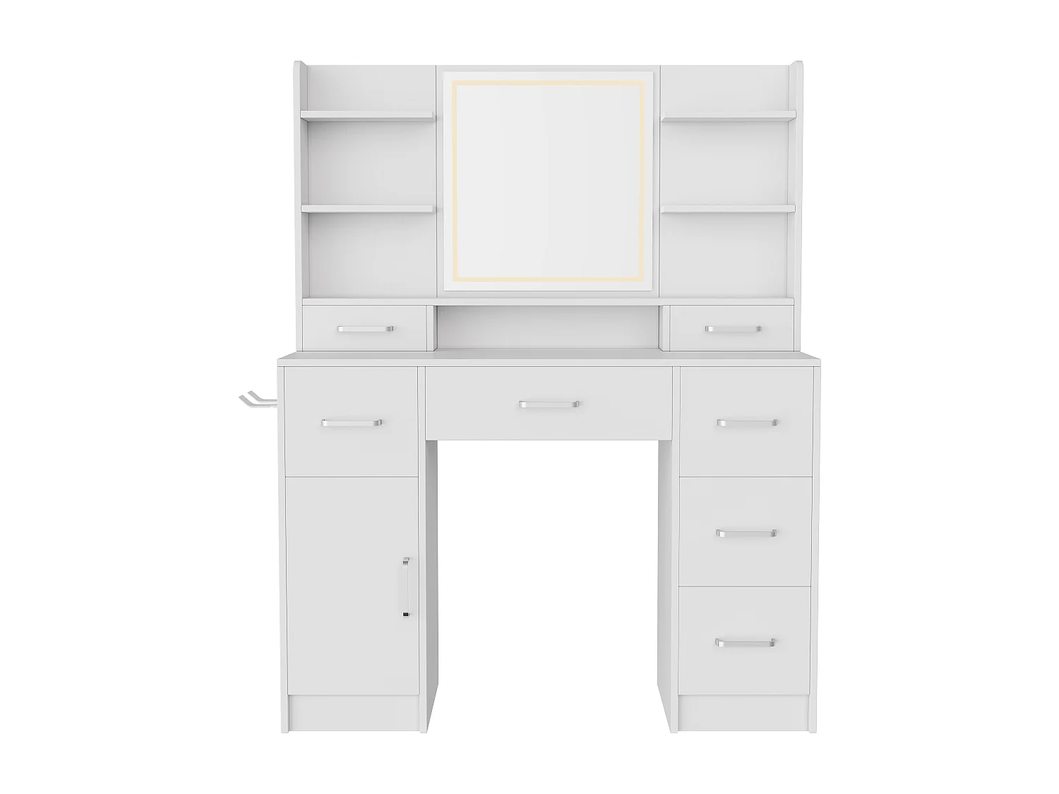 Coiffeuse avec Miroir, Luminosité Réglable, Bureau Coiffeuse avec 7 Tiroirs, Chargement USB, Support pour sèche-cheveux, MDF, Blanc