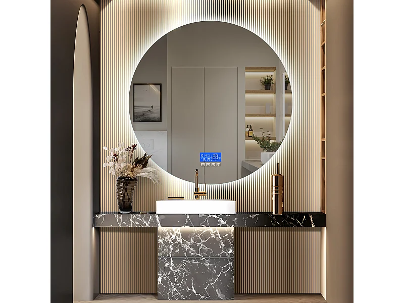 Miroir de Salle de Bain - 100*100 cm - avec LED - Fonction anti-buée - Affichage Temps/Température - Blanc