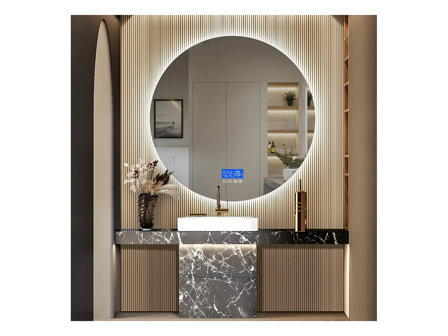 Miroir de Salle de Bain - 100*100 cm - avec LED - Fonction anti-buée - Affichage Temps/Température - Blanc