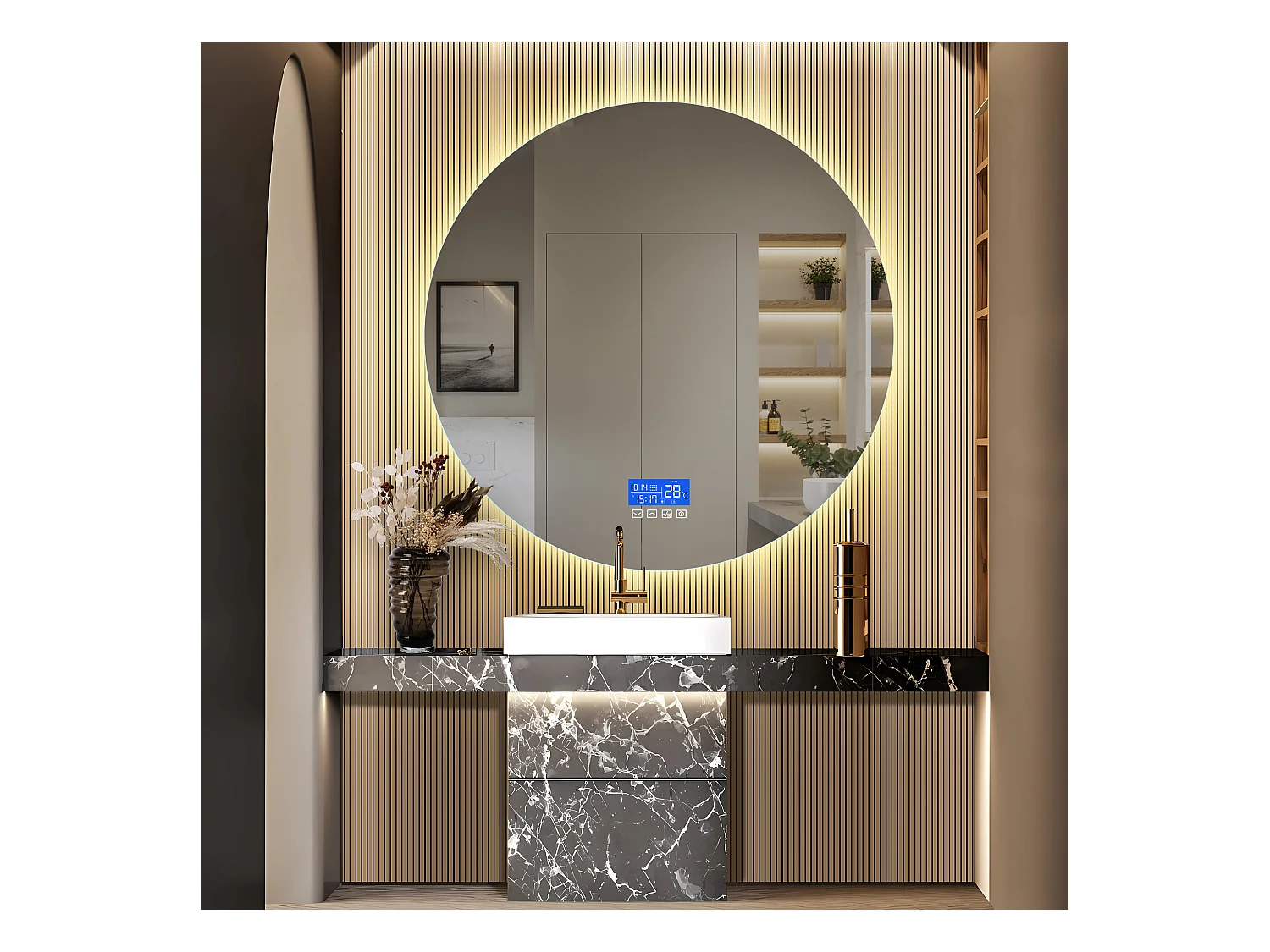 Miroir de Salle de Bain - 100*100 cm - avec LED - Fonction anti-buée - Affichage Temps/Température - Blanc