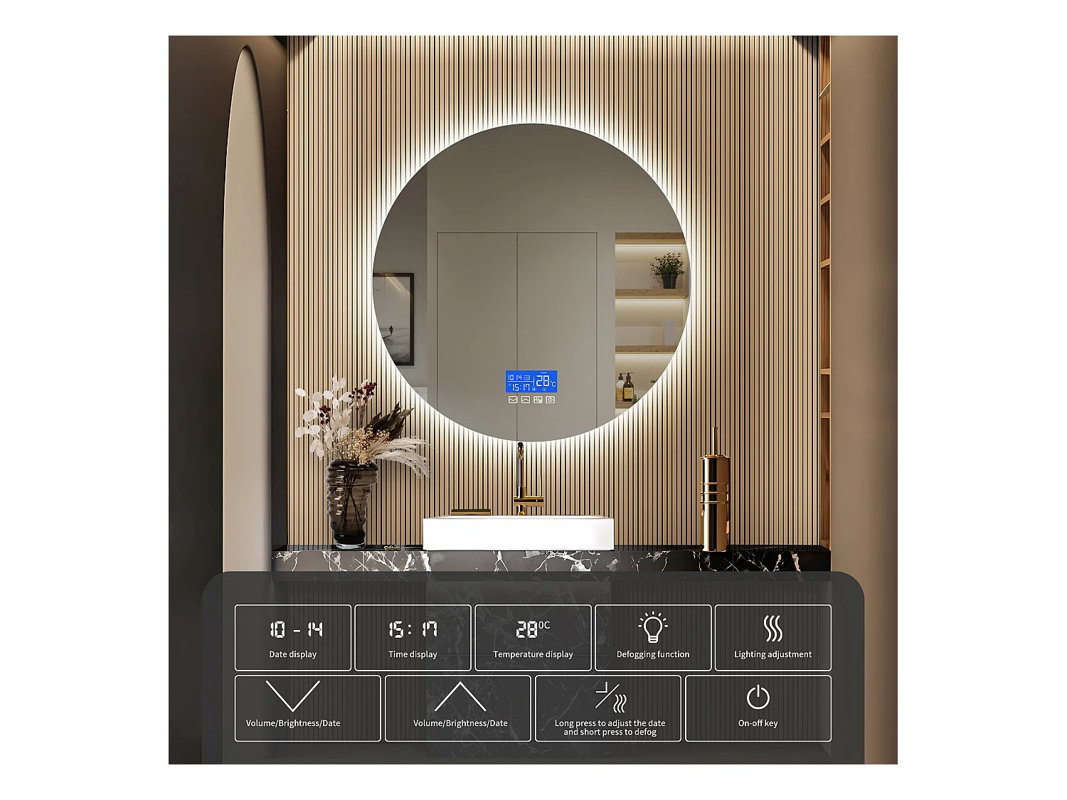 Miroir de Salle de Bain - 100*100 cm - avec LED - Fonction anti-buée - Affichage Temps/Température - Blanc