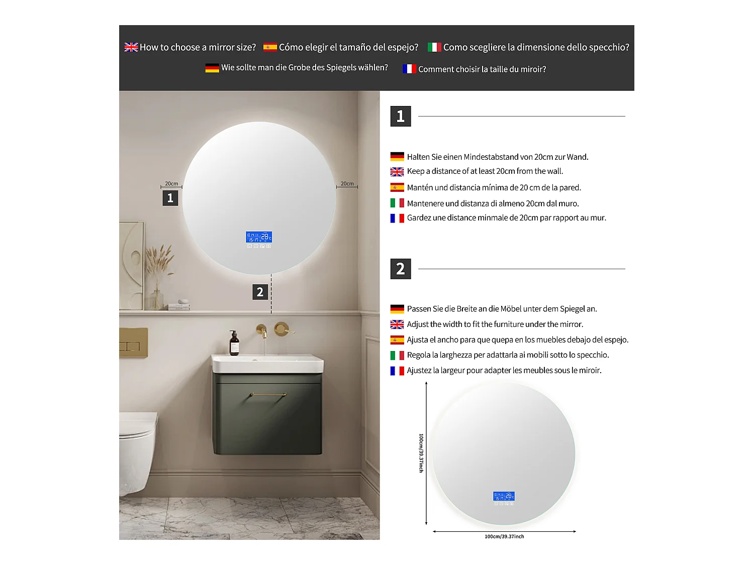 Miroir de Salle de Bain - 100*100 cm - avec LED - Fonction anti-buée - Affichage Temps/Température - Blanc