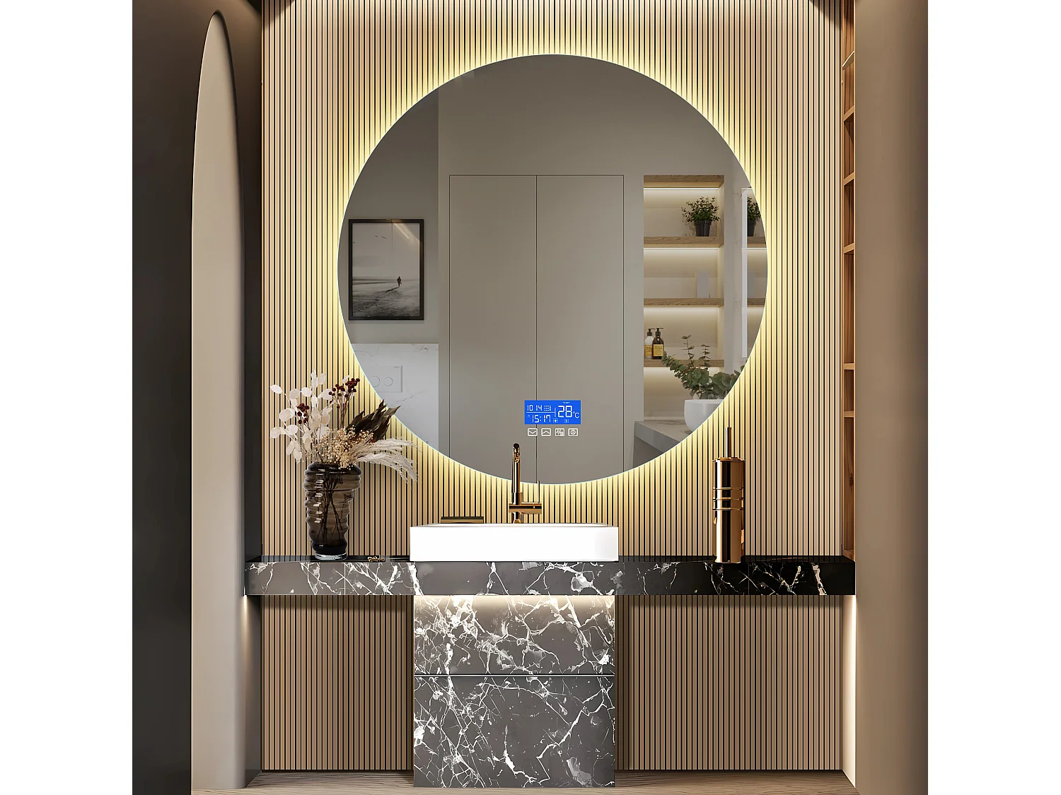 Miroir de Salle de Bain - 100*100 cm - avec LED - Fonction anti-buée - Affichage Temps/Température - Blanc