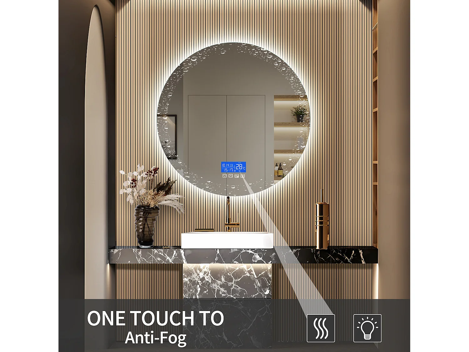 Miroir de Salle de Bain - 100*100 cm - avec LED - Fonction anti-buée - Affichage Temps/Température - Blanc