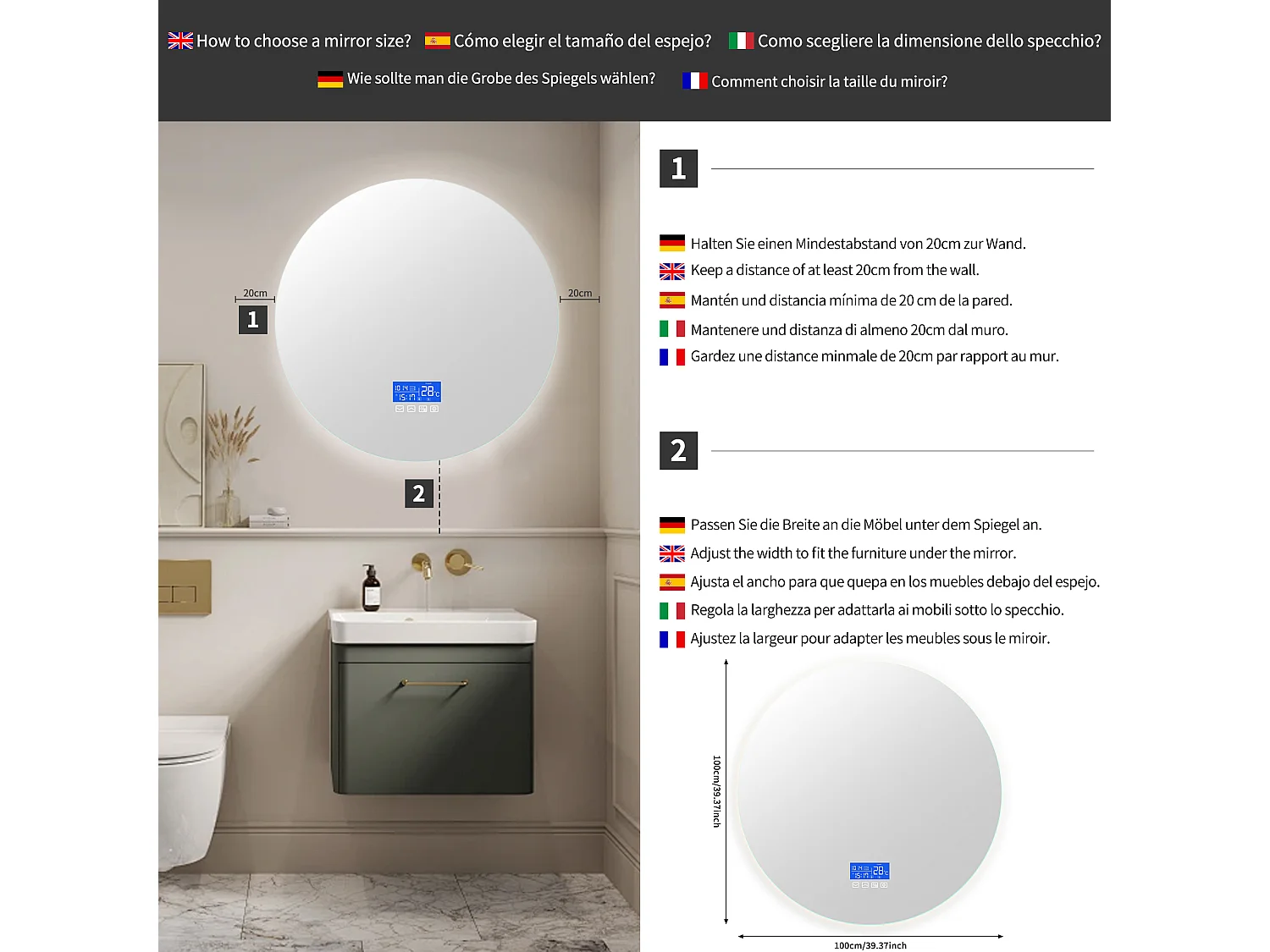 Miroir de Salle de Bain - 100*100 cm - avec LED - Fonction anti-buée - Affichage Temps/Température - Blanc