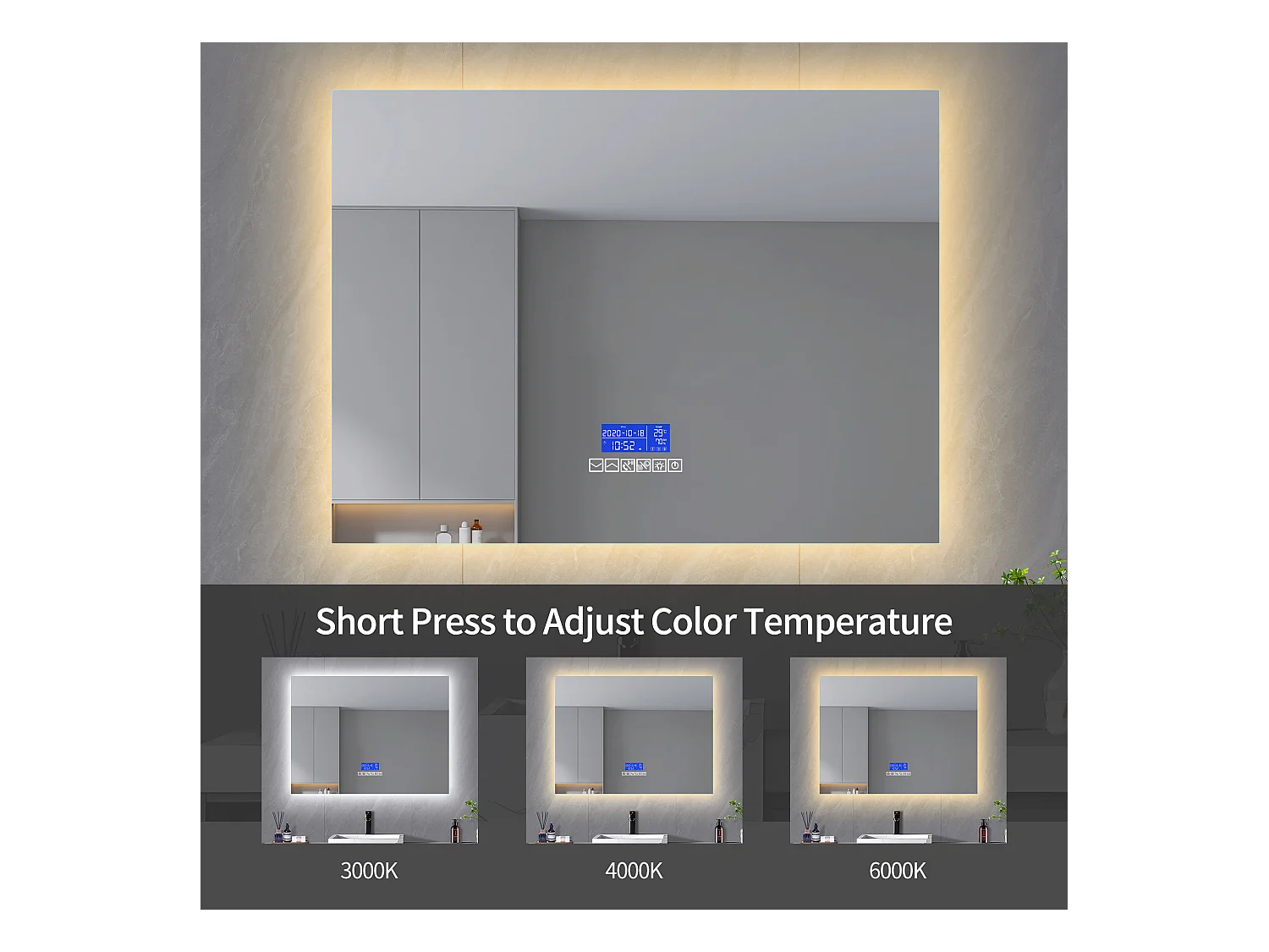 Miroir de Salle de Bain,100x80cm,Miroir LED avec haut-parleur Bluetooth,Éclairage réglable,Fonction anti-buée,Affichage Température