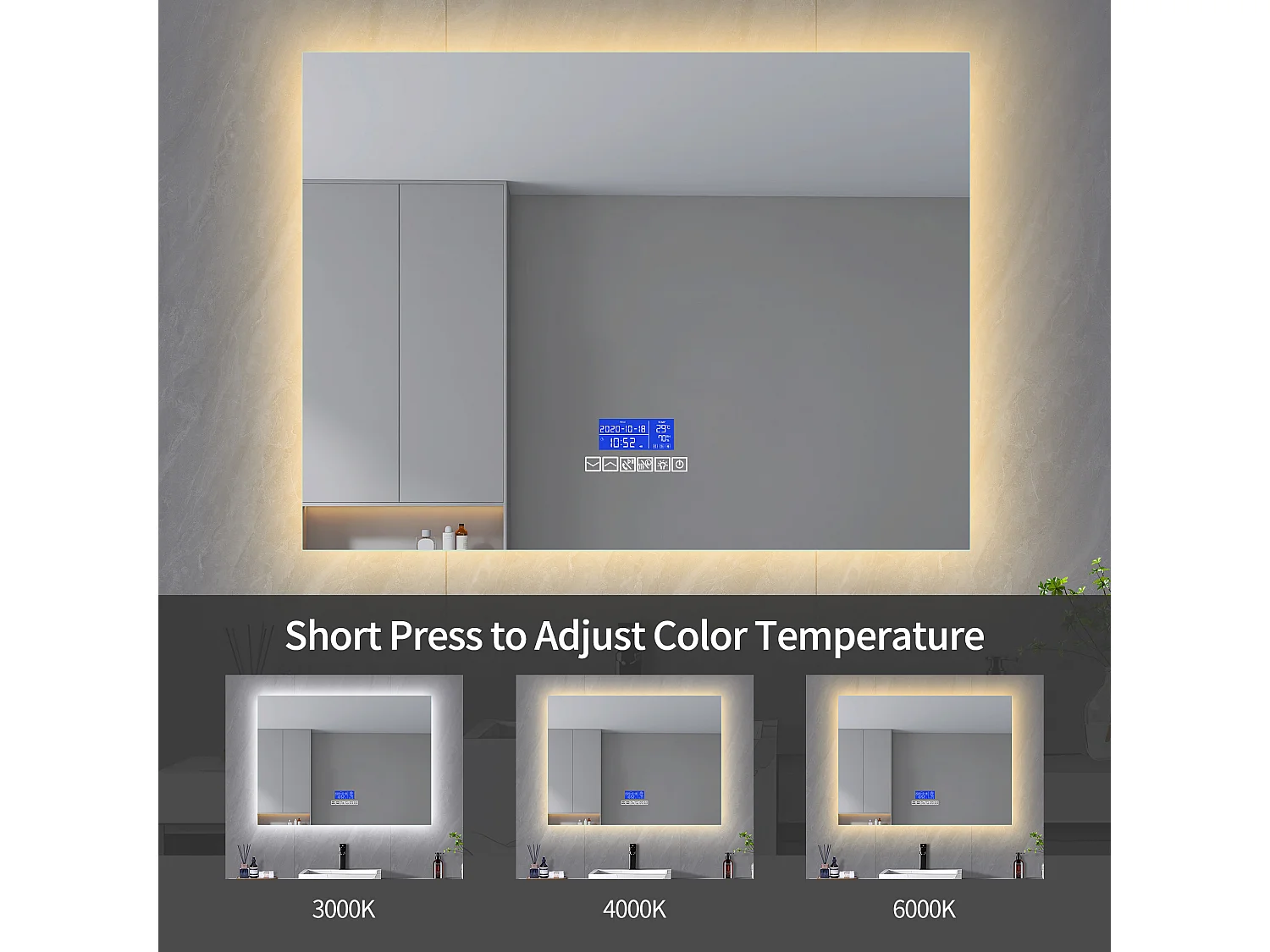 Miroir de Salle de Bain,100x80cm,Miroir LED avec haut-parleur Bluetooth,Éclairage réglable,Fonction anti-buée,Affichage Température