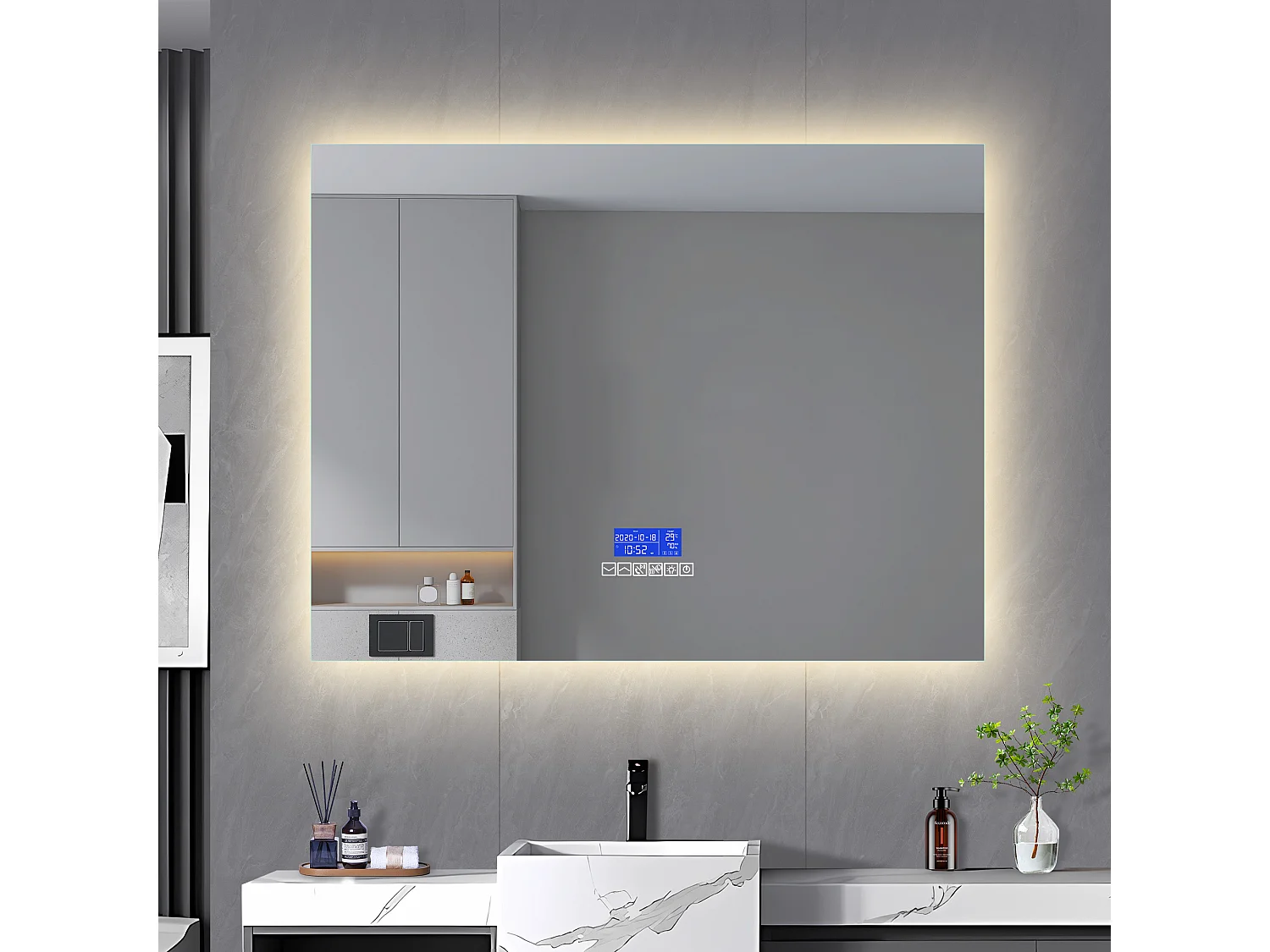 Badkamerspiegel, 100x80cm, LED-spiegel met Bluetooth-luidspreker, verstelbare verlichting, anti-condensfunctie, temperatuurweergave