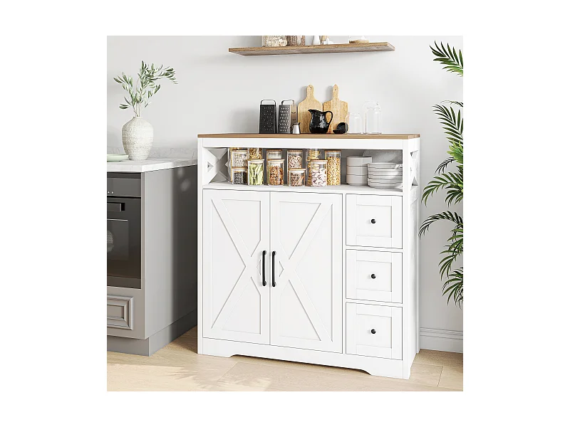 Meuble de Cuisine avec 3 tiroirs et 2 Portes, Commode, Buffet, Étagères réglables, Meuble de rangement en bois, 100x40x105cm, Blanc