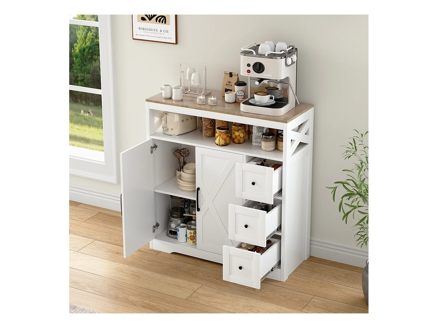 Meuble de Cuisine avec 3 tiroirs et 2 Portes, Commode, Buffet, Étagères réglables, Meuble de rangement en bois, 100x40x105cm, Blanc