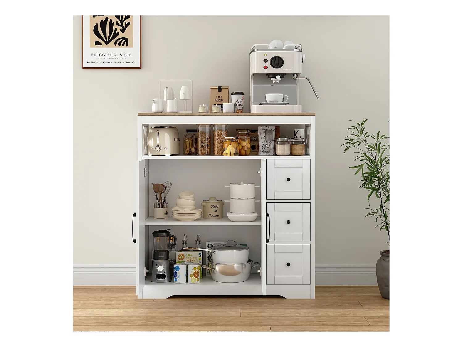 Meuble de Cuisine avec 3 tiroirs et 2 Portes, Commode, Buffet, Étagères réglables, Meuble de rangement en bois, 100x40x105cm, Blanc