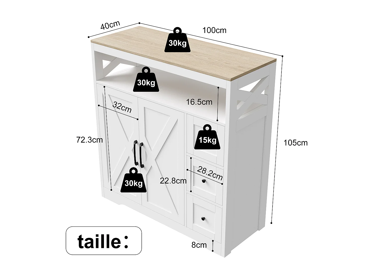Meuble de Cuisine avec 3 tiroirs et 2 Portes, Commode, Buffet, Étagères réglables, Meuble de rangement en bois, 100x40x105cm, Blanc