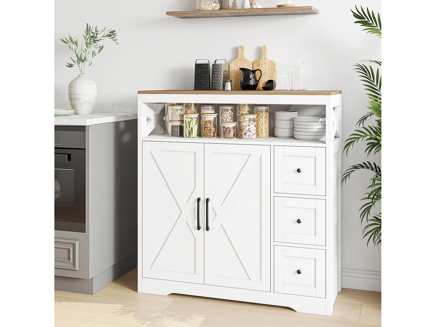 Meuble de Cuisine avec 3 tiroirs et 2 Portes, Commode, Buffet, Étagères réglables, Meuble de rangement en bois, 100x40x105cm, Blanc
