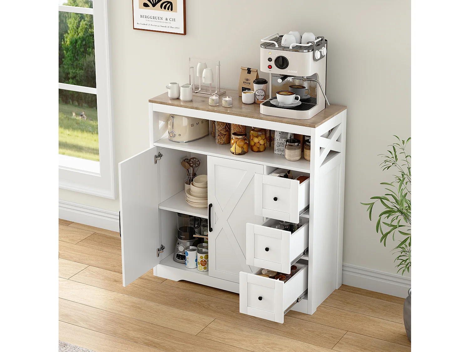 Meuble de Cuisine avec 3 tiroirs et 2 Portes, Commode, Buffet, Étagères réglables, Meuble de rangement en bois, 100x40x105cm, Blanc