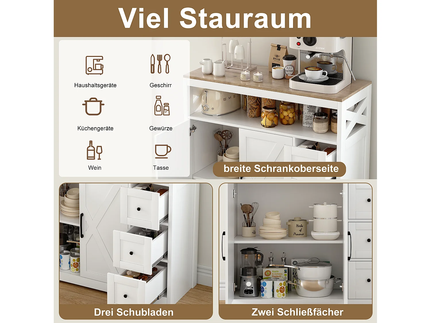 Meuble de Cuisine avec 3 tiroirs et 2 Portes, Commode, Buffet, Étagères réglables, Meuble de rangement en bois, 100x40x105cm, Blanc