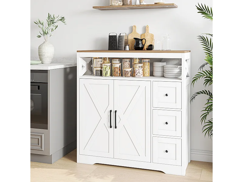 Meuble de Cuisine avec 3 tiroirs et 2 Portes, Commode, Buffet, Étagères réglables, Meuble de rangement en bois, 100x40x105cm, Blanc