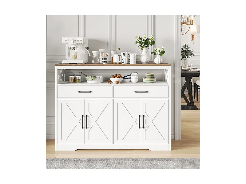 Buffet, Meuble Cuisine Blanc, Meuble de Rangement, Buffet de Cuisine Rangement, 2 tiroirs et 4 Portes, Buffet 140×40×105cm, Blanc