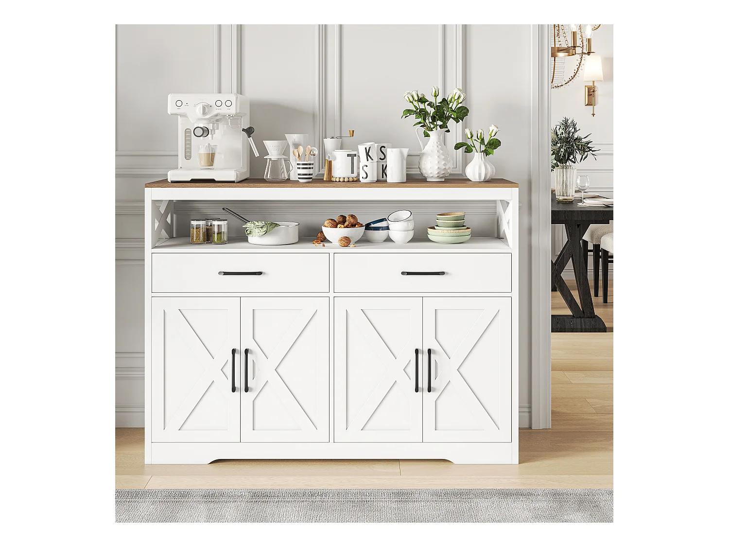 Buffet, Meuble Cuisine Blanc, Meuble de Rangement, Buffet de Cuisine Rangement, 2 tiroirs et 4 Portes, Buffet 140×40×105cm, Blanc