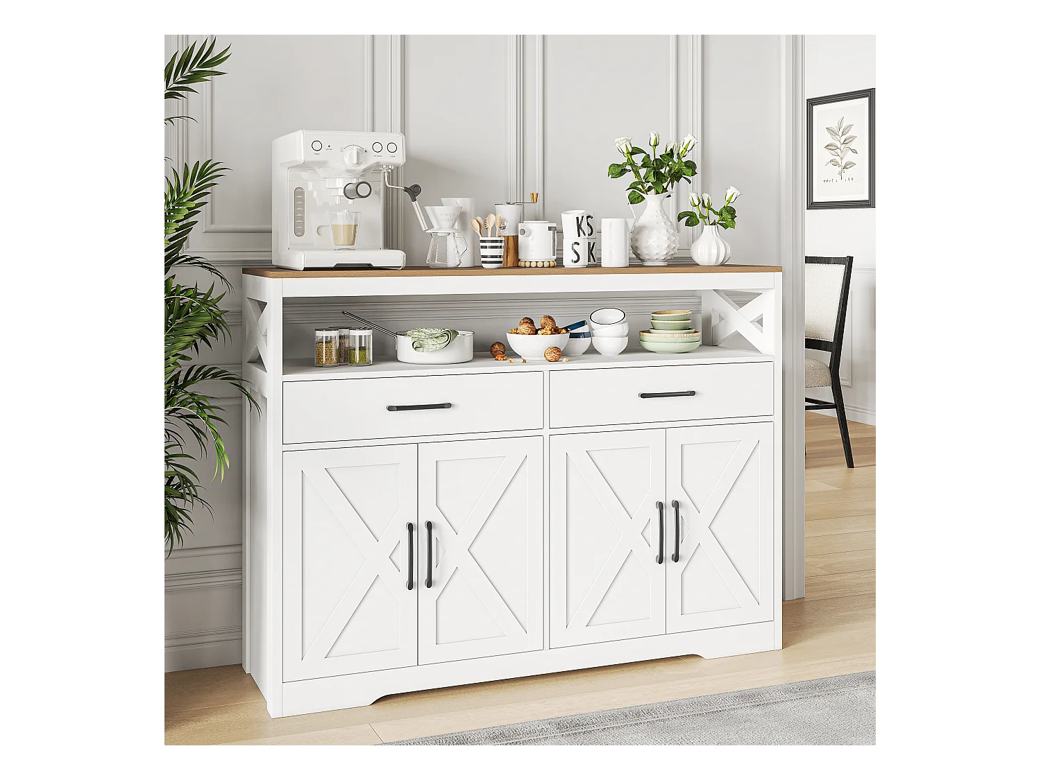 Buffet, Meuble Cuisine Blanc, Meuble de Rangement, Buffet de Cuisine Rangement, 2 tiroirs et 4 Portes, Buffet 140×40×105cm, Blanc