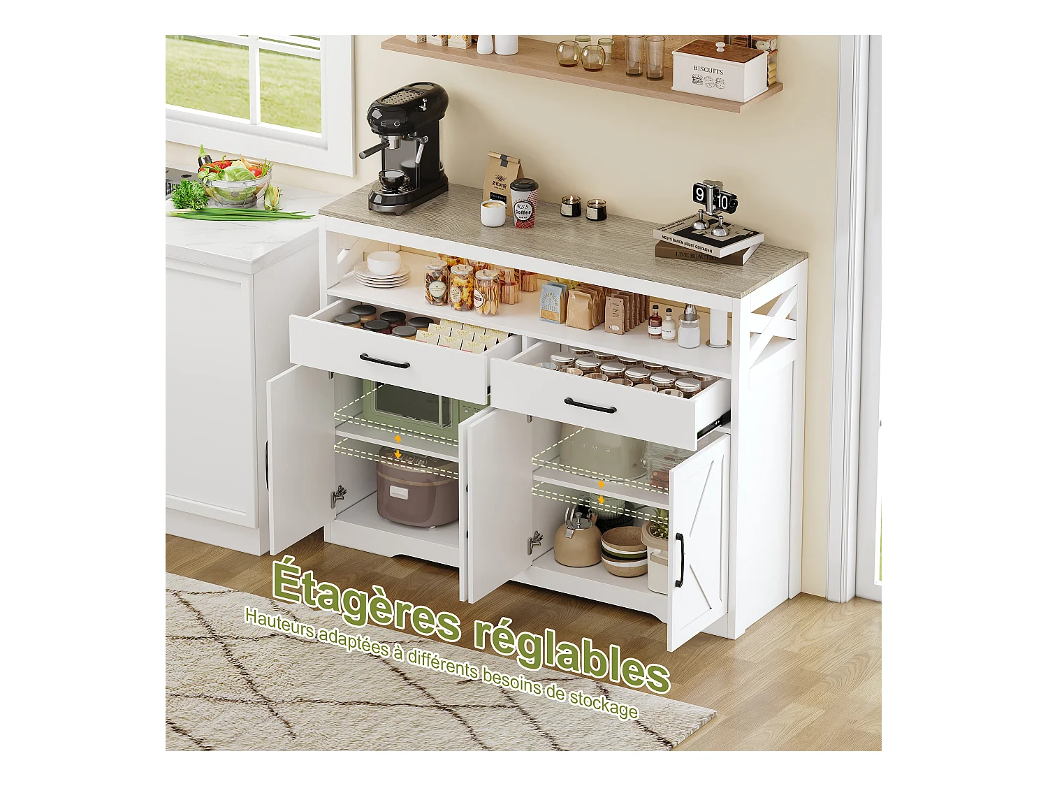 Buffet, Meuble Cuisine Blanc, Meuble de Rangement, Buffet de Cuisine Rangement, 2 tiroirs et 4 Portes, Buffet 140×40×105cm, Blanc