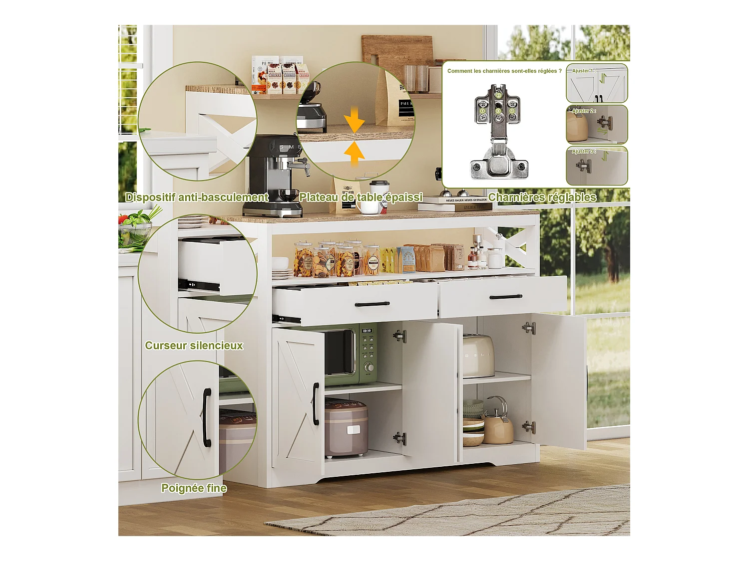 Buffet, Meuble Cuisine Blanc, Meuble de Rangement, Buffet de Cuisine Rangement, 2 tiroirs et 4 Portes, Buffet 140×40×105cm, Blanc