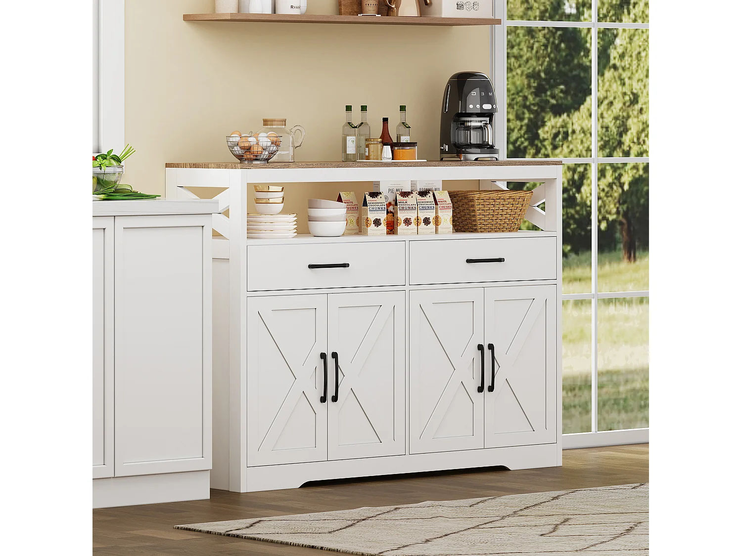 Buffet, Meuble Cuisine Blanc, Meuble de Rangement, Buffet de Cuisine Rangement, 2 tiroirs et 4 Portes, Buffet 140×40×105cm, Blanc