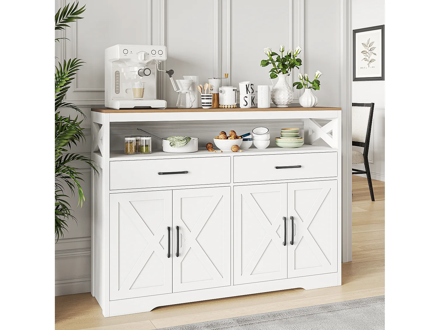 Buffet, Meuble Cuisine Blanc, Meuble de Rangement, Buffet de Cuisine Rangement, 2 tiroirs et 4 Portes, Buffet 140×40×105cm, Blanc