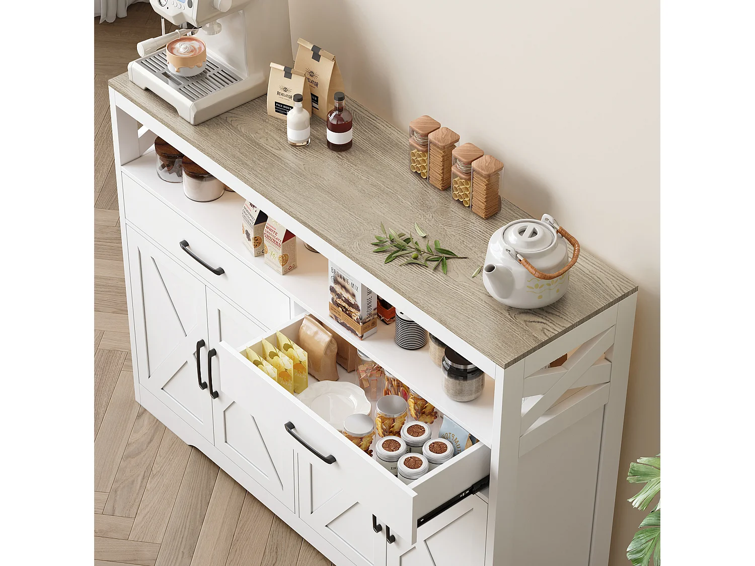 Buffet, Meuble Cuisine Blanc, Meuble de Rangement, Buffet de Cuisine Rangement, 2 tiroirs et 4 Portes, Buffet 140×40×105cm, Blanc