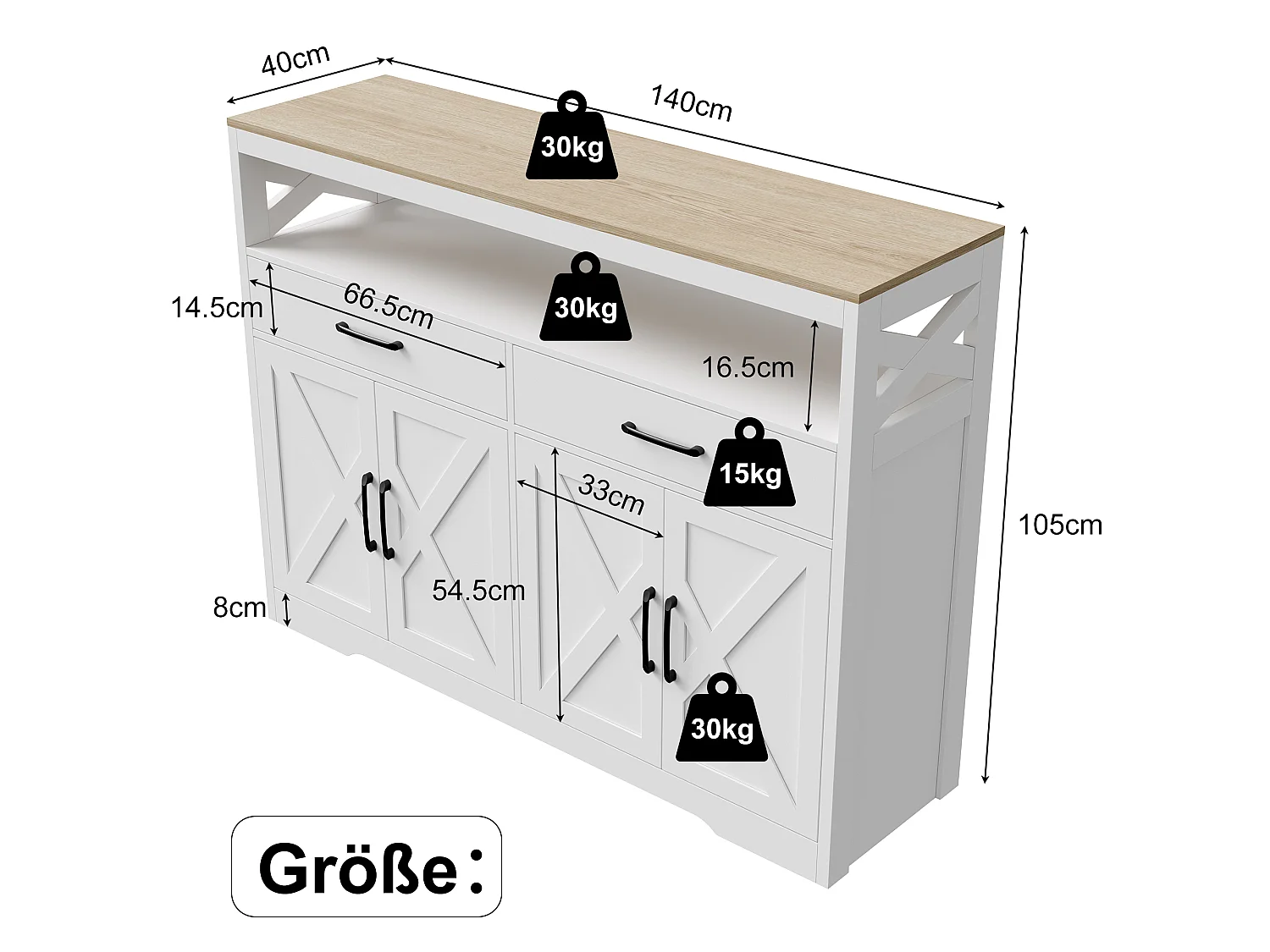 Buffet, Meuble Cuisine Blanc, Meuble de Rangement, Buffet de Cuisine Rangement, 2 tiroirs et 4 Portes, Buffet 140×40×105cm, Blanc
