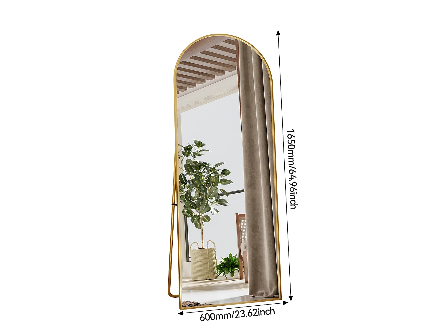Espelho de corpo inteiro - 165 x 60 cm - Moldura em metal - Arqueado - para sala de estar ou closet - Dourado
