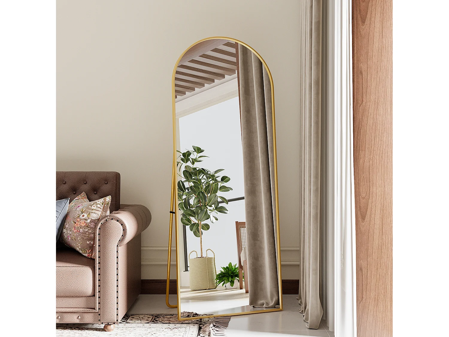 Espelho de corpo inteiro - 165 x 60 cm - Moldura em metal - Arqueado - para sala de estar ou closet - Dourado