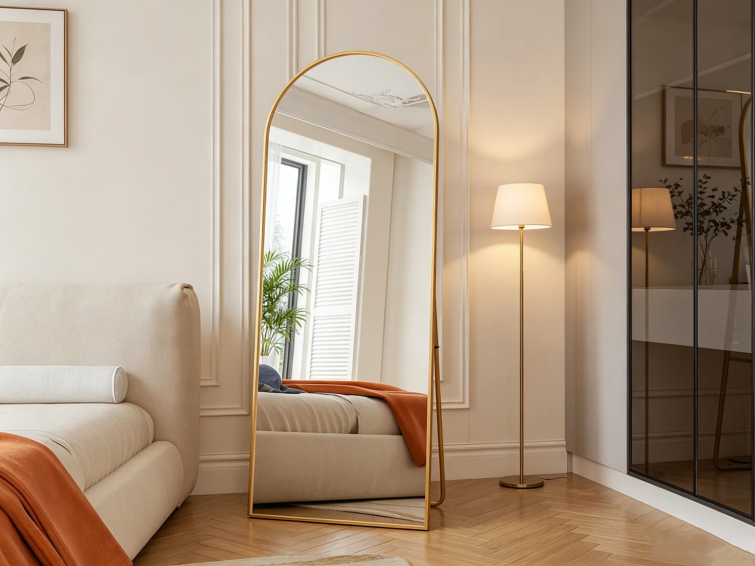 Espelho de corpo inteiro - 165 x 60 cm - Moldura em metal - Arqueado - para sala de estar ou closet - Dourado