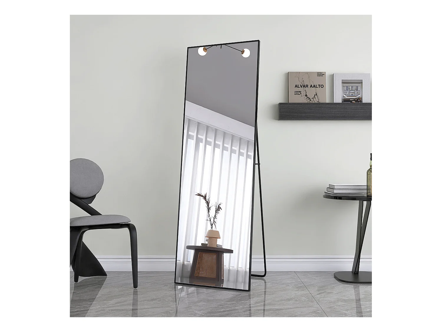 Miroir pleine longueur incassable, 165x60cm,Miroir sur pied suspendu ou appuyé contre le mur, Miroir de sol avec support, Noir