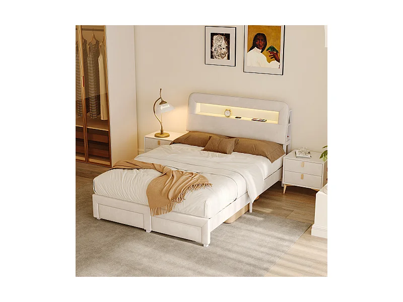 Lit rembourré 140 x 200 cm, Lit double avec rangement, tiroirs et tête de lit, LED et USB, Sommier à lattes, Velours, Beige