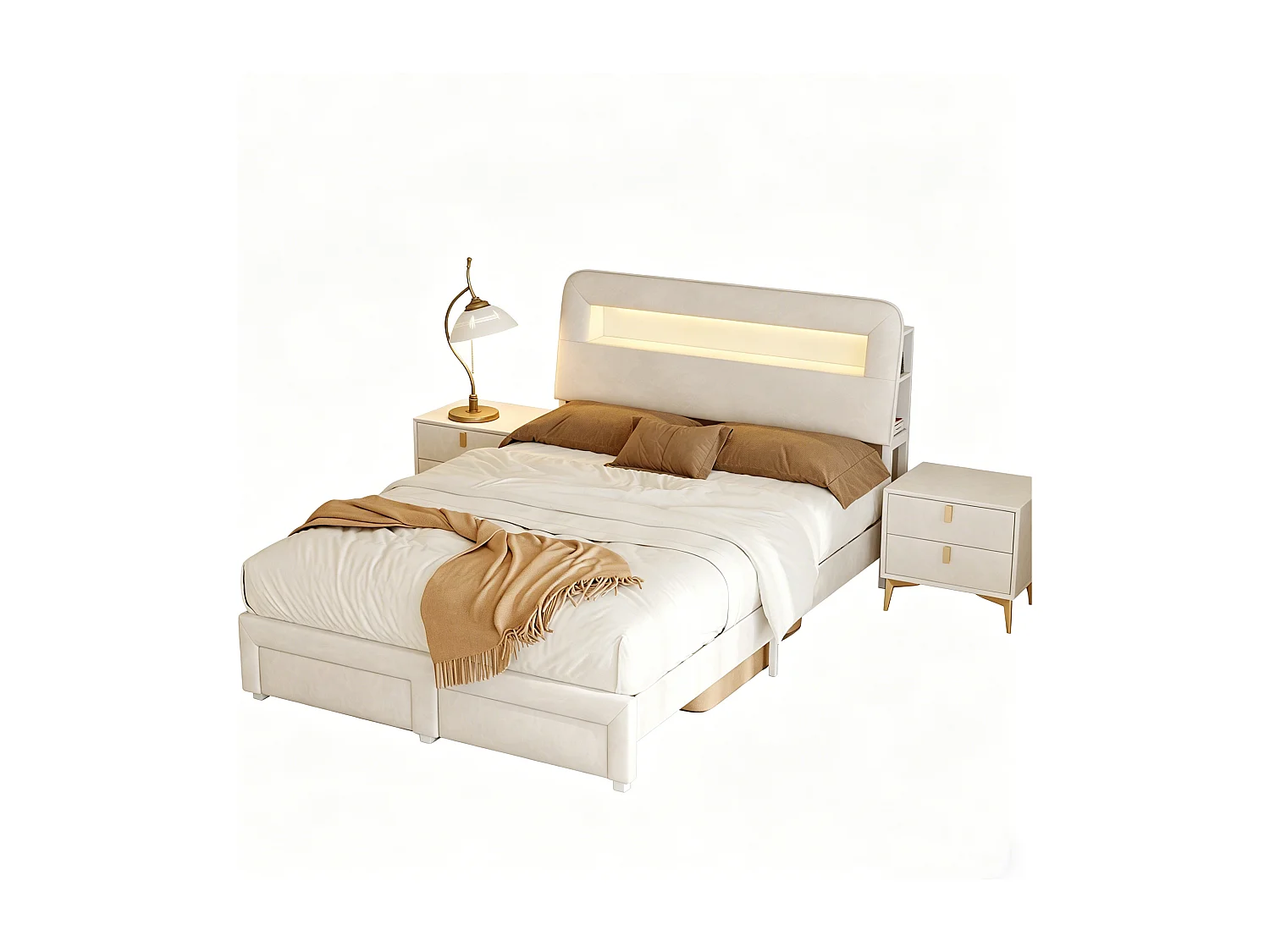Lit rembourré 140 x 200 cm, Lit double avec rangement, tiroirs et tête de lit, LED et USB, Sommier à lattes, Velours, Beige