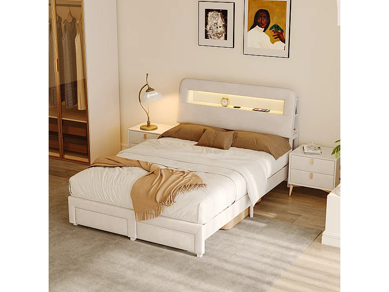 Lit rembourré 140 x 200 cm, Lit double avec rangement, tiroirs et tête de lit, LED et USB, Sommier à lattes, Velours, Beige