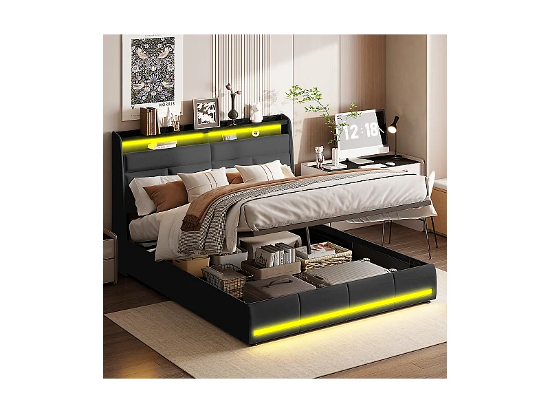 Lit Coffre 160x200 cm,Rangement de la tête de lit et Éclairage LED,Sommier à lattes,Lit double avec rangement hydraulique,PU,noir