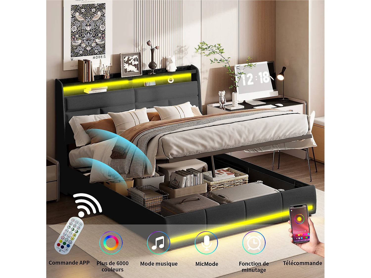 Lit Coffre 160x200 cm,Rangement de la tête de lit et Éclairage LED,Sommier à lattes,Lit double avec rangement hydraulique,PU,noir