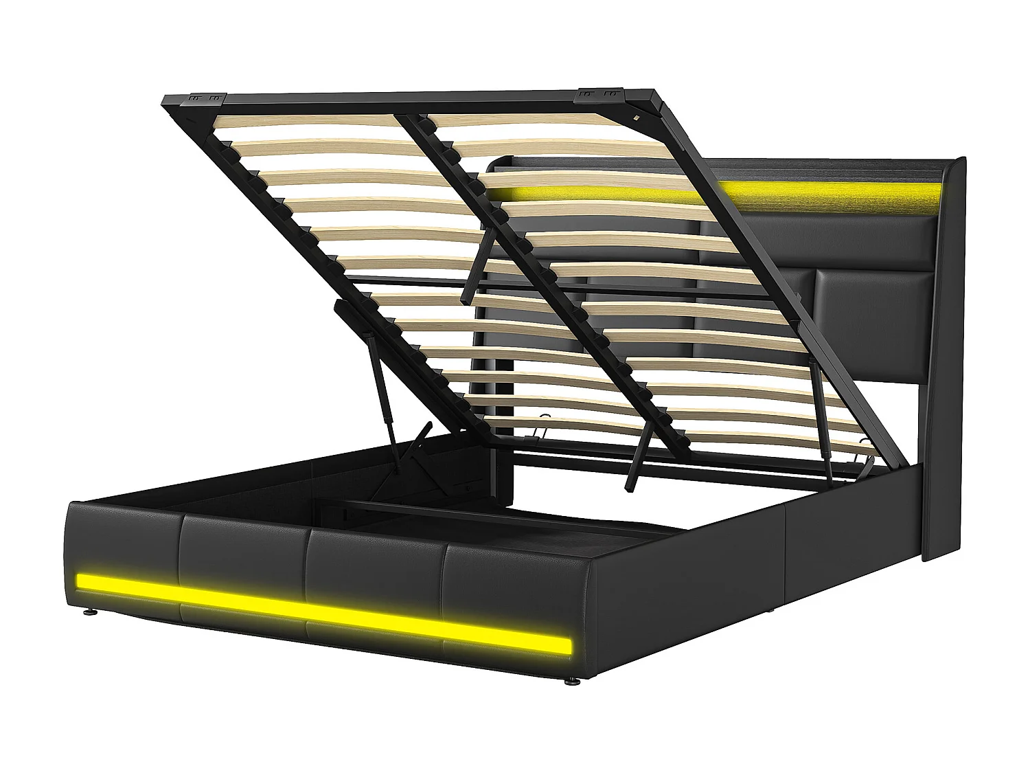 160x200 cm Opbergbed, Hoofdbord met opbergruimte en LED-verlichting, Lattenbodem, Tweepersoonsbed met hydraulische opbergruimte, PU, ​​Zwart