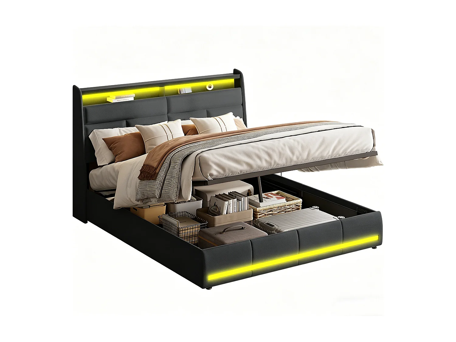 160x200 cm Opbergbed, Hoofdbord met opbergruimte en LED-verlichting, Lattenbodem, Tweepersoonsbed met hydraulische opbergruimte, PU, ​​Zwart