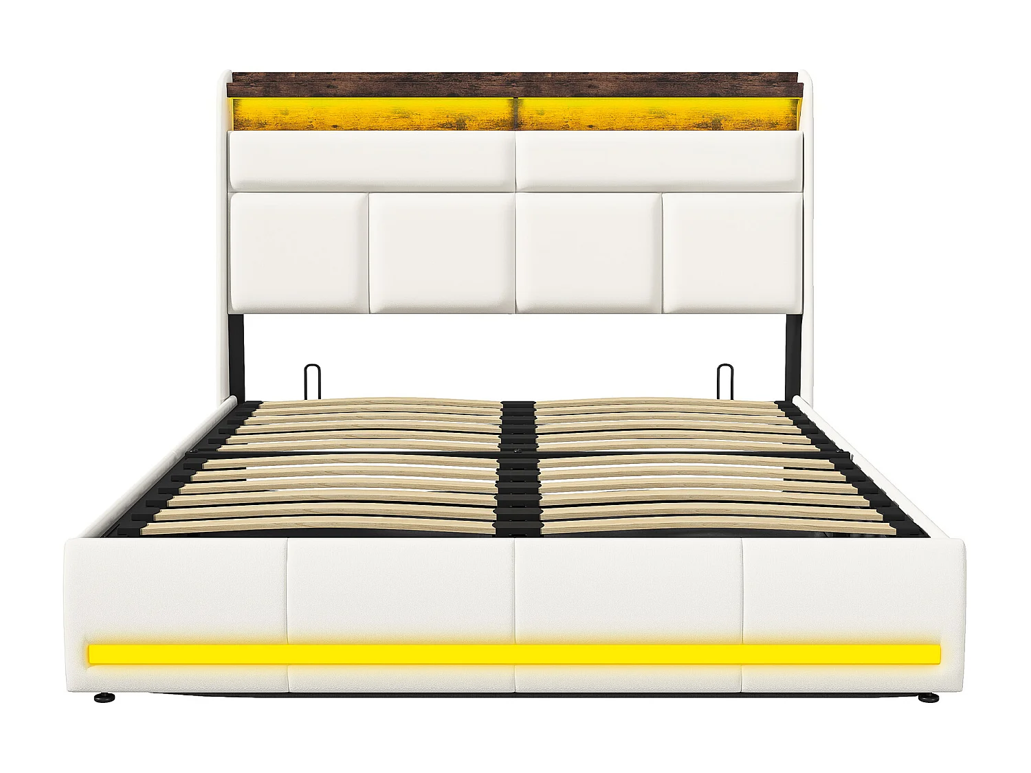 Lit Coffre 160x200 cm,Rangement de la tête de lit et Éclairage LED,Sommier à lattes,Lit double avec rangement hydraulique,PU,Blanc