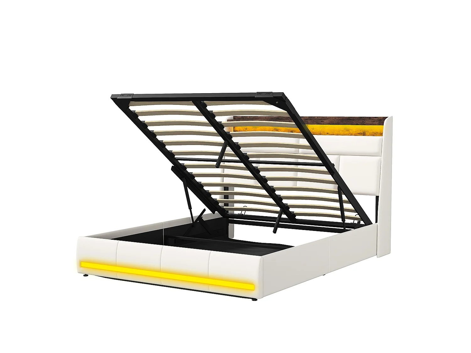 Opbergbed 160x200 cm, hoofdbord met opbergruimte en ledverlichting, lattenbodem, tweepersoonsbed met hydraulische opbergruimte, PU, ​​wit