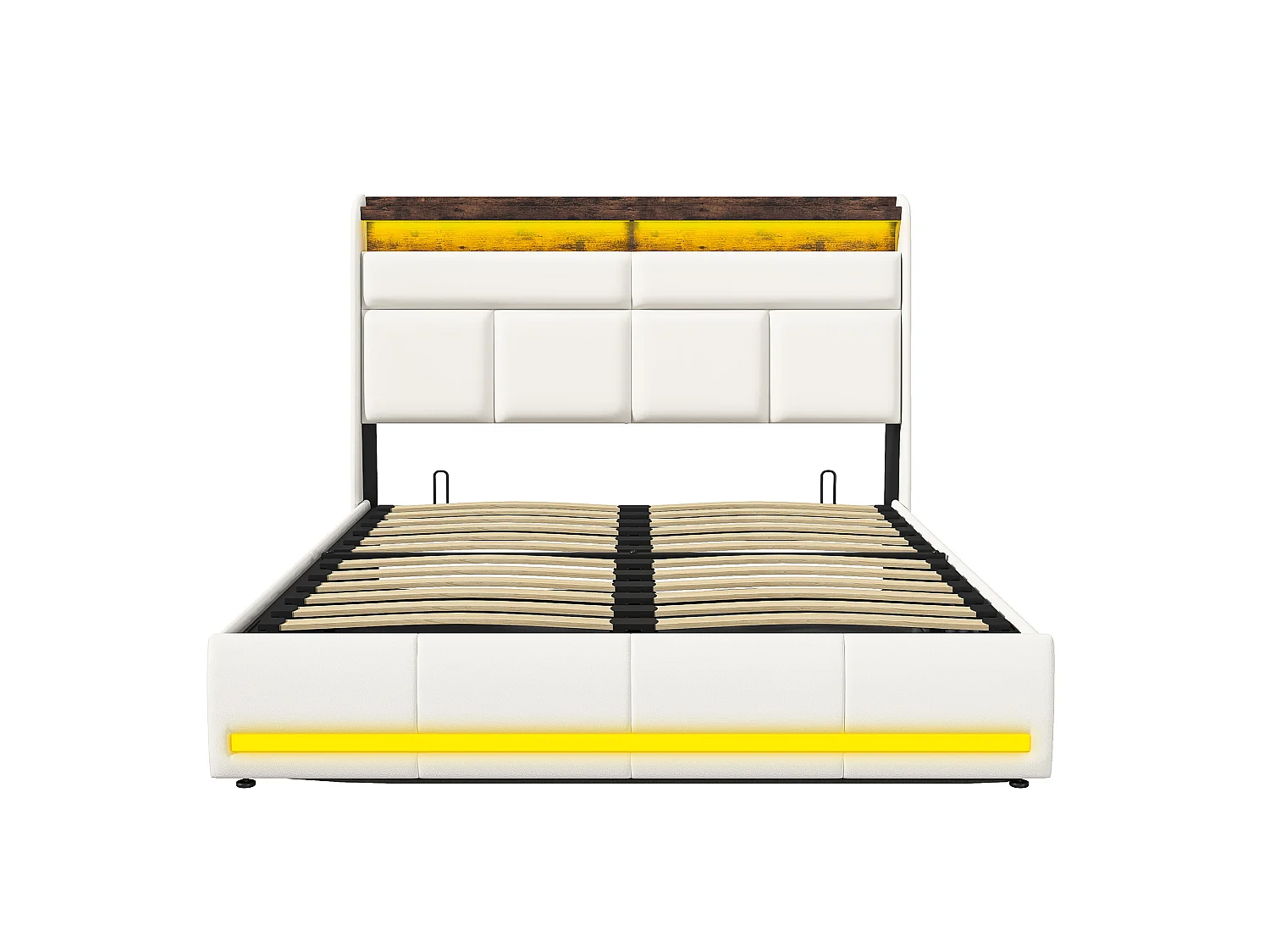 Opbergbed 160x200 cm, hoofdbord met opbergruimte en ledverlichting, lattenbodem, tweepersoonsbed met hydraulische opbergruimte, PU, ​​wit