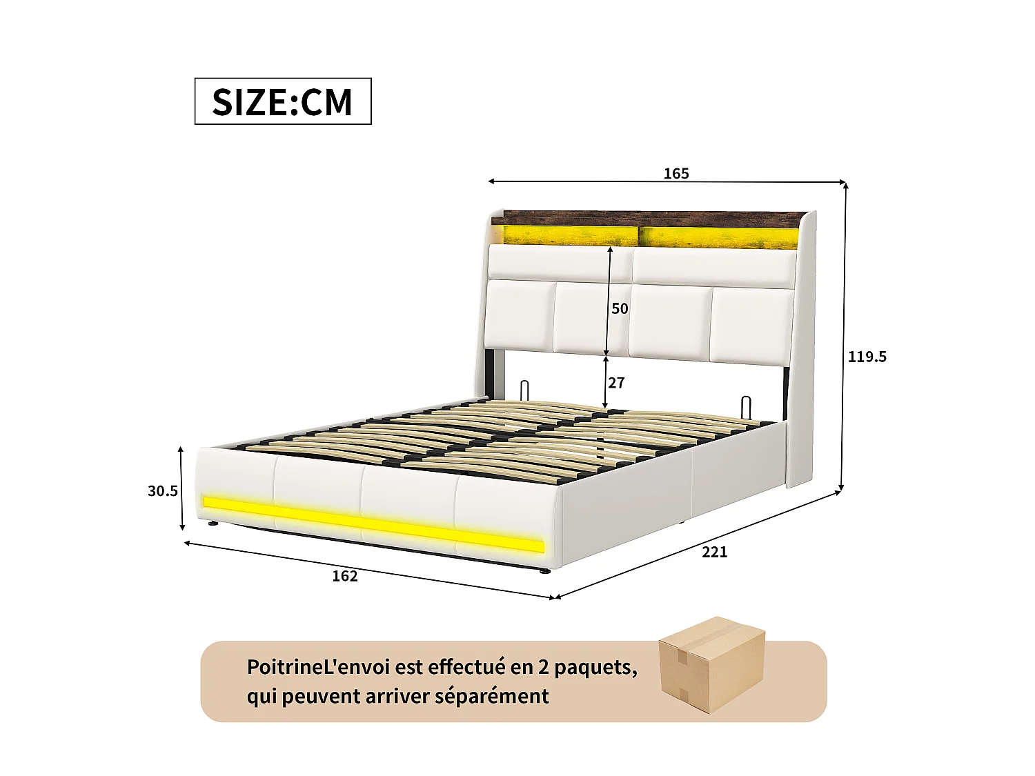 Opbergbed 160x200 cm, hoofdbord met opbergruimte en ledverlichting, lattenbodem, tweepersoonsbed met hydraulische opbergruimte, PU, ​​wit
